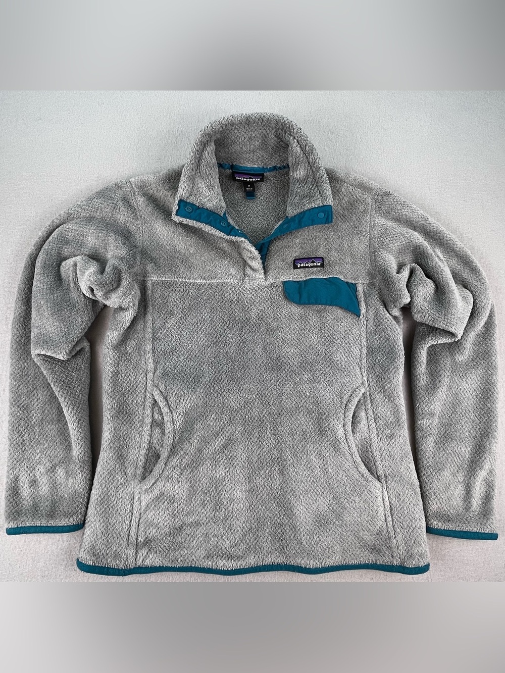 Patagonia Women Medium Gray Blue Re-Tool Snap-T Fleece Pullover Pockets Sweater